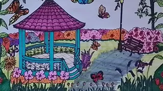 How to draw a Butterfly garden easy|Step by step drawing|Butterfly garden with beautiful flowers