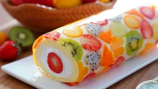 Beautiful Fruit Jelly Roll cake. 🍓🥝🍊🍋🥭🍇 / Cup measure