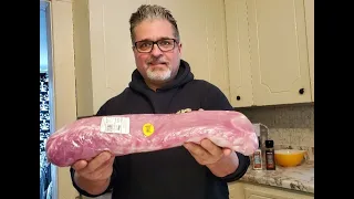 Cutting up a whole  fresh  boneless pork loin for maximum value! MANY MEALS GENERATED!