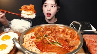 SUB)Braised kimchi with pork belly with grilled Spam mukbang! Home-cooked meal ASMR