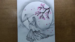 How to Draw Japanese Girl Easy | Japanese Girl on Cherry Blossom Night | Pencil Sketch Step by Step