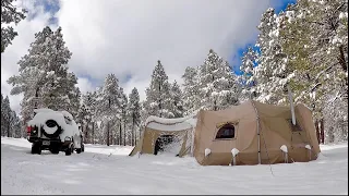 Cooking Tasty Food In Snowstorms On My Wood Stove - Relaxing Hot Tent Camping With My Dog