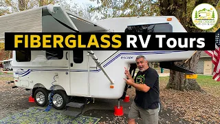 4 Small Fiberglass Camper Trailers with Bathrooms and a Lightweight Fiberglass 5th Wheel RV Too!