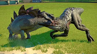 Модифицированный Стегозавр против Индоминуса в Jurassic World Evolution