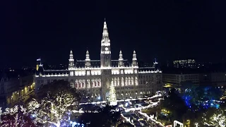 Vienna WIEN @ Night from Museums Quartier MQ,  Wiener Rathaus Town Hall | 4K video | Drone HD video