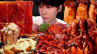 ASMR MUKBANG SEAFOOD, Giant cheese Clam, spicy noodles, Octopus, Mushroom, recipe ! eating