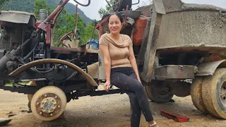 Genius girl. Repair and replace tire of concrete mixer trucks. Mechanic girl TQ.