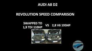 Audi A8 2,8 V6 193hp VS Audi A8 swapped to 1,9 TDI 110hp - route revolution speeds comparison