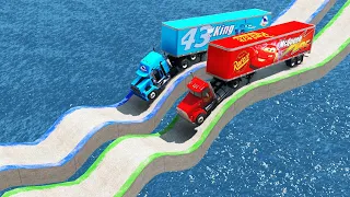 Mack Truck Vs King Dinoco Truck Vs impossible Bridge Crossing Cars Vs Deep Water - BeamNG.Drive