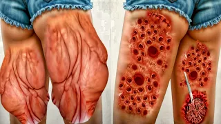 ASMR Removal big Acne & worms Infected legs animation & Severely Injured animations