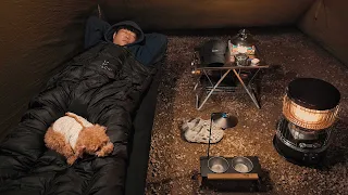 Solo Camping in Forest with My Dog . Relaxing in the Tent . Wood stove ASMR