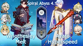 C1 Wriothesley Melt x C0 Ayato Hyperspeed - Spiral Abyss 4.1 | Floor 12 | Genshin Impact