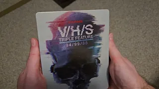 Up Close of Shudder's V/H/S 94 99 85 Triple Feature Bluray Steelbook Walmart Exclusive