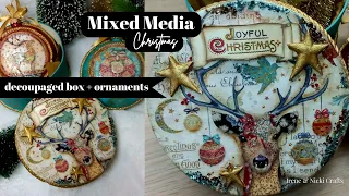 Mixed Media| Decoupaged Christmas Box + Ornaments