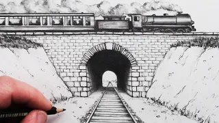 How to Draw using 1-Point Perspective: Train Track and Tunnel