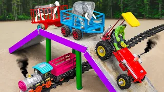 Diy tractor making mini concrete bridge for heavy truck crossing | How the train runs | @sanocreator