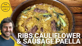 Pork ribs, sausages and cauliflower Paella
