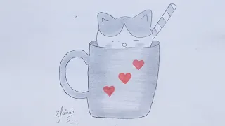 Pencil drawing easy ideas || Cute cat and mug drawing || How to draw || Simple cat drawing😍