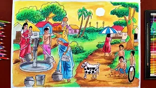 How To Draw A Beautiful Village Scenery | Indian Village Scenery Drawing | Summer Season Drawing