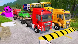 Double Flatbed Trailer Truck vs Speedbumps Train vs Cars | Tractor  Beamng.Drive 248