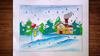 How to draw beautiful winter season scenery || Beautiful winter season scenery drawing || #drawing