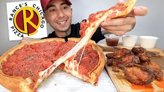 MUKBANG EATING CHEESY Chicago Deep Dish Style Pizza And Buffalo Wings From Rance's Pizza