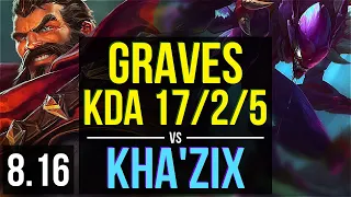 GRAVES vs KHA'ZIX (JUNGLE) ~ KDA 17/2/5, Legendary ~ NA Challenger ~ Patch 8.16