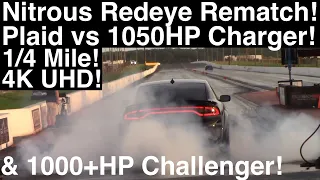 Gutted Plaid vs 1050HP Nitrous Charger and 1000HP Challenger! 1/4 mi! TWO Redeye Rematches! 4K UHD!