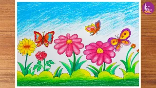 How to Draw Butterfly Scenery with Flower Garden | খুব সহজে ফুল বাগানে প্রজাপতি আঁকা