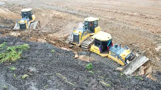 OMG!! Genius Operator Skills Fail Bulldozer Stuck Pushing Rock Dirt Backland Filling Up Process