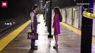 Timothée Chalamet stands in the rain filming Chanel ad with Martin Scorcese in Astoria Blvd Station.