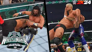 WWE 2K24: The Rock & Roman Reigns vs Cody Rhodes & Seth Rollins WrestleMania 40 | Highlights