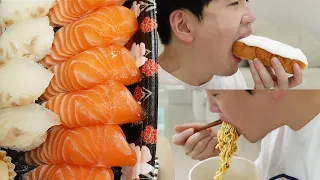 연어초밥 크림빵 튀김우동 Salmon sushi, cream bread, fried udon Mukbang