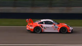 Unmuffled Porsche 992 GT3 Cup testing at Imola circuit