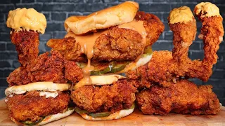 ASMR NASHVILLE HOT CHICKEN SANDWICHES, AND NASHVILLE HOT CHICKEN TENDERS WITH CHEESE SAUCE MUKBANG