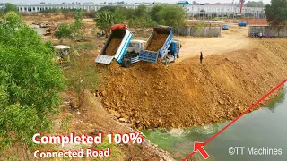 Excellent Work Successfully 100% Connecting Road By Dump Truck 5T Bulldozer Cutting Stone Into Water