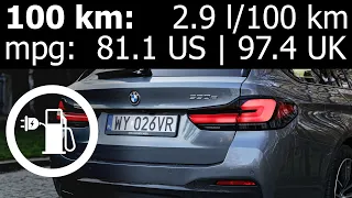 BMW 530e xDrive Touring: 100 km fuel consumption (economy) trip: 2.9 l/100 km, 81 mpg US | 97 mpg UK