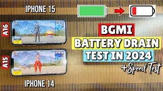 iPhone 14 Vs iPhone 15 BGMI Battery Drain Test in 2024🔥|Speed Test (A15 vs A16)