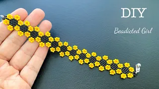 Sunflower Bracelet || DIY peyote + brick stitch bracelet