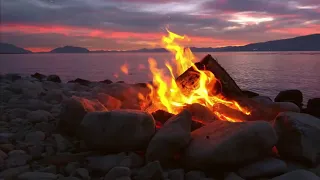 Crackling Campfire on a Pebble Beach and the Sound of Waves to Relax or Sleep Well