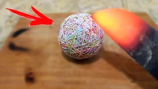 EXPERIMENT Glowing 1000 degree KNIFE VS Rubber Band Ball