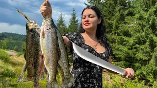 Freshly Caught Trout Cooked over a Campfire in the Beautiful Carpathian Mountains