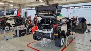 WRC Rally Italia Sardegna 2023 Toyota Gazoo Racing team warming up GR Yaris Rally1 Hybrid cars