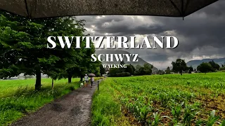 Cloudy day Walk: Summer Rain, Walking in the Rain, Switzerland Schwyz Umbrella.
