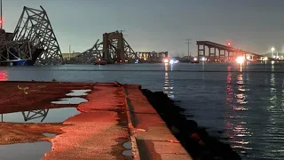 Aerial footage following collapse of Francis Scott Key Bridge in Maryland