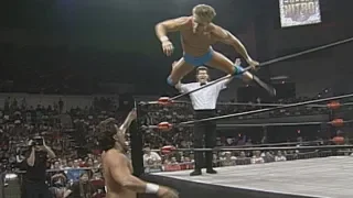 Alex Wright soars over the top ropes to take down Disco Inferno: WCW Monday Nitro, Sept. 25, 1995