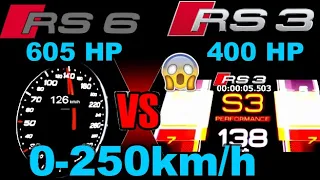 New Audi RS3 400 HP vs Audi RS6 605 HP Acceleration DragRace 0-250 km/h