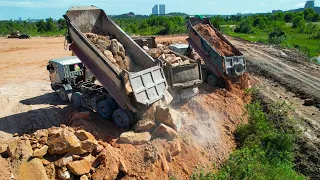 Episode 2| Good Operator Bulldozer Pushing Rock Leveling Land, Dump Truck Unloading Rock