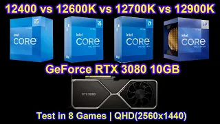Intel 12400 vs 12600K vs 12700K vs 12900K + GeForce RTX 3080 10GB - Test in 8 Games | QHD(2560x1440)
