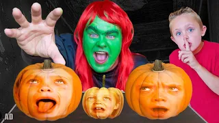 She Turned us into Pumpkins! Escape the Babysitter on Halloween! Kids Fun TV!